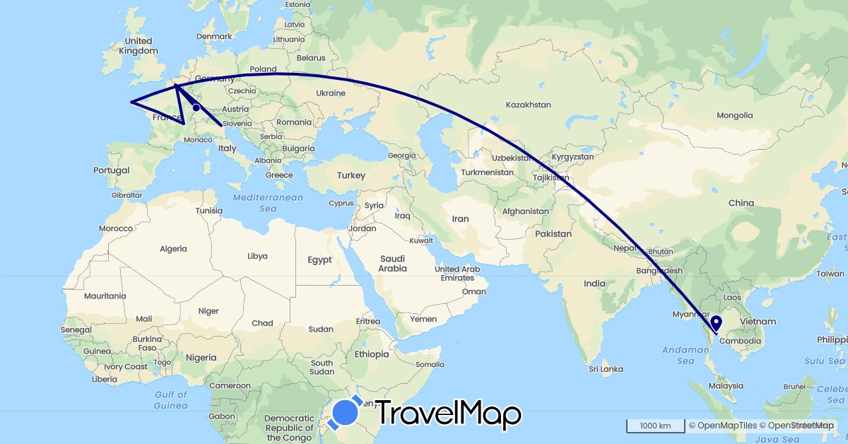 TravelMap itinerary: driving in France, Italy, Thailand (Asia, Europe)